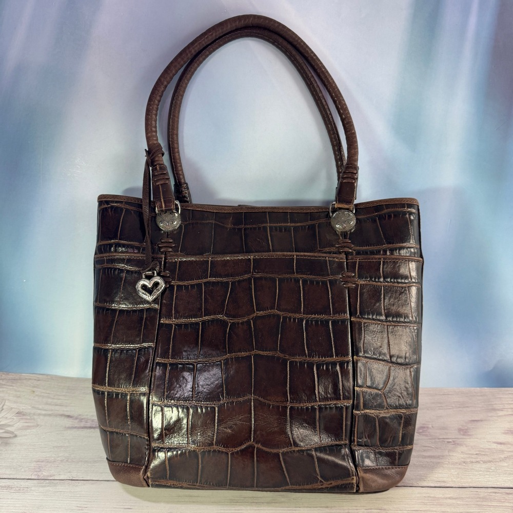 VTG Brighton Tote Bag Womens Medium Brown Croco Embossed Leather Heart Charm